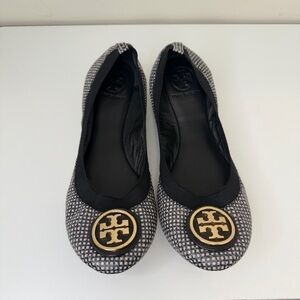 Tory Burch Caroline 2 Ballet Flat Tidal Grid Black White Leather Gold Logo 9